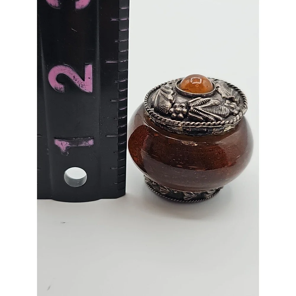Vintage India Amber Glass Trinket Box Silver Tone Hinged Lid Footed Jewelry Box